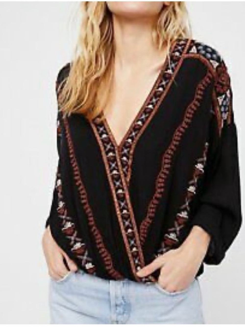 Venus black faux wrap embroidered boho blouse
